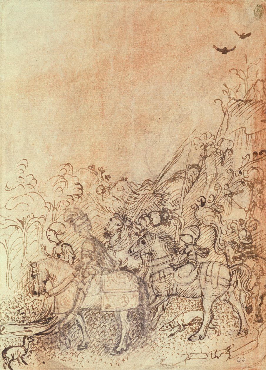 John of Gonzague and his courtiers in a mountainous landscape, from the Vallardi Album by Antonio Pisanello