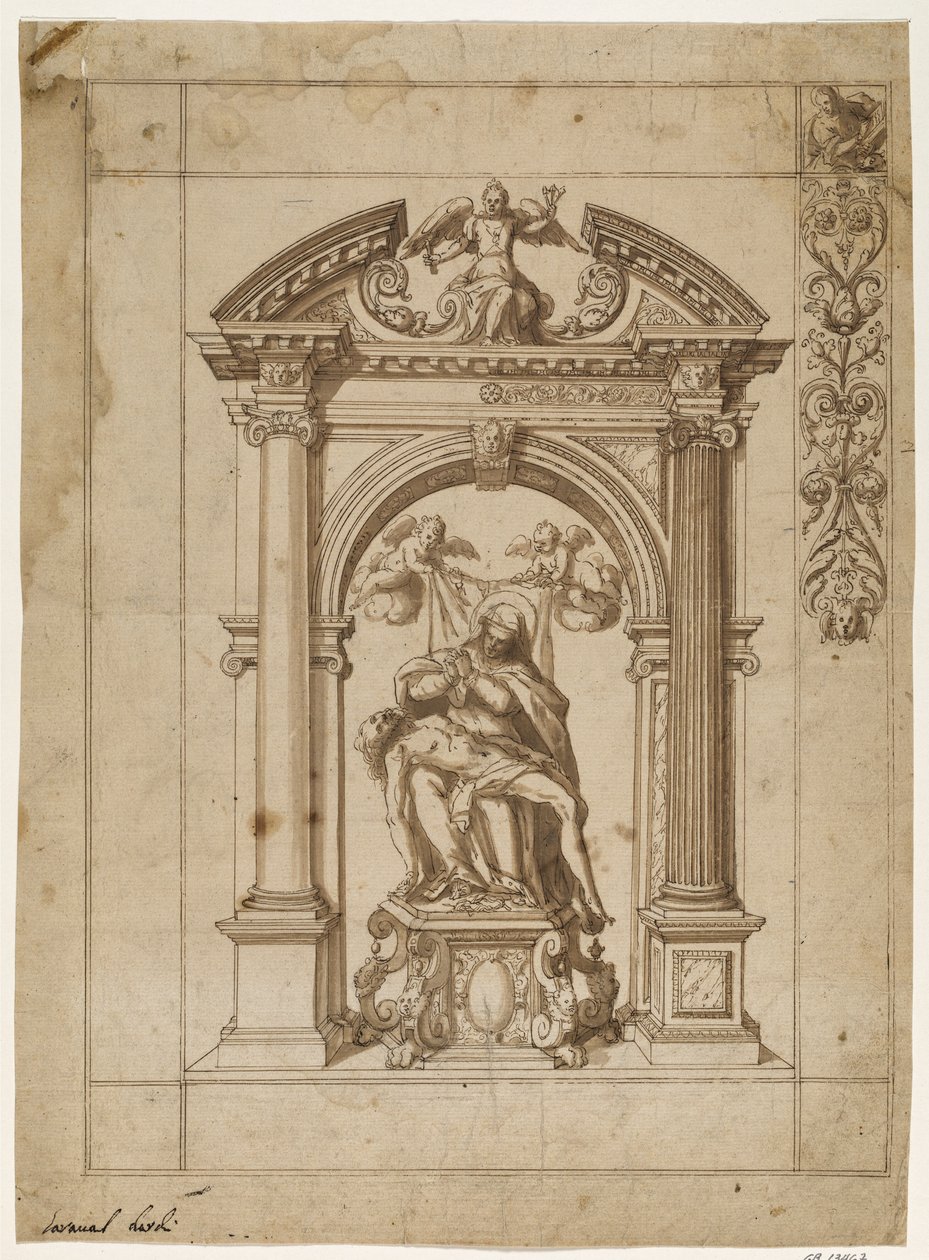 Design for a Processional Banner with a Pietà Under an Elaborate Altar Architecture in the Form of a Triumphal Arch and Part of the Border Design at Upper Right by Antonio Aliense