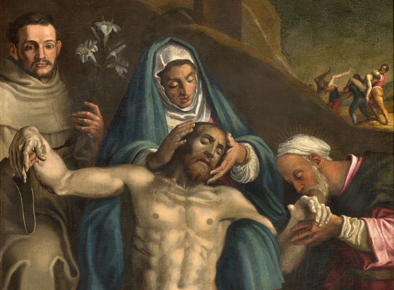 North Transept, Altar of the Deposition, Deposition of Christ supported by the Virgin and Saints Raymond and Anthony of Padua, Antonio Campi 1566, (detail) by Antonio Campi