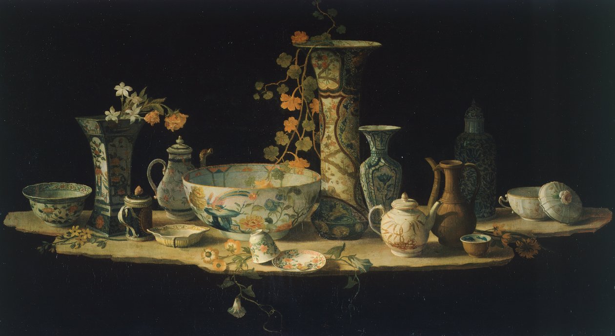 Preparatory Painting for a Hard Stone Table Top with Porcelain Vases by Antonio Cioci or Ciocchi