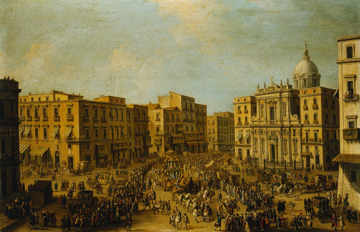 The Largo San Ferdinando, Naples, at Carnival Time with the Royal Carriage Approaching the Palazzo Reale by Antonio Joli