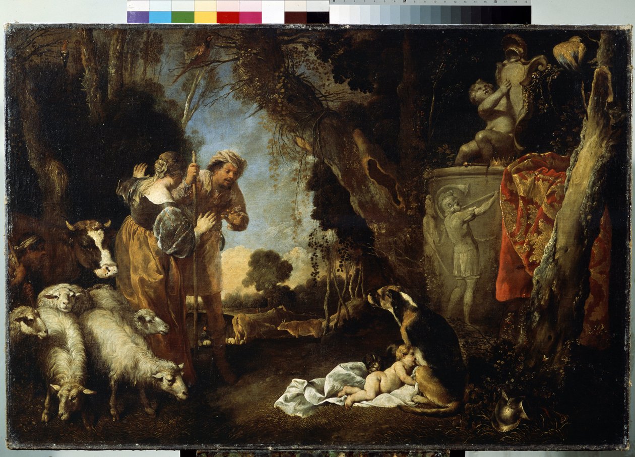 The Infancy of King Cyrus. Cyrus II or Cyrus the Great (circa 559 BC - 529 BC), founder of the Persian Empire. The baby is taken in and nursed by a dog. by Antonio Maria Vassallo