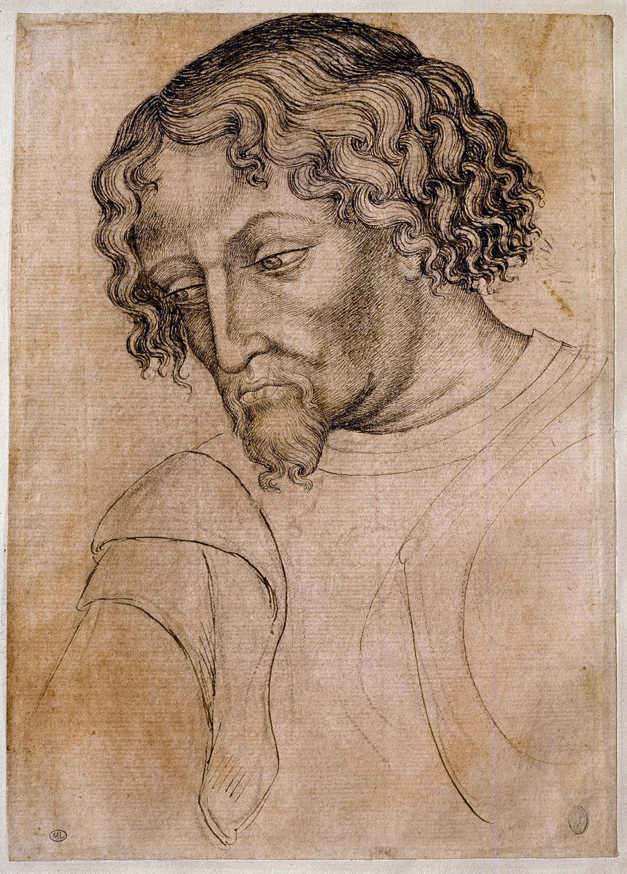 Bust of bearded man, three-quarters head leaning to the left. Drawing from the workshop of Antonio di Puccio Pisano dit Pisanello. Feather (drawing), blood. Louvre, drawing firm by Antonio Pisanello