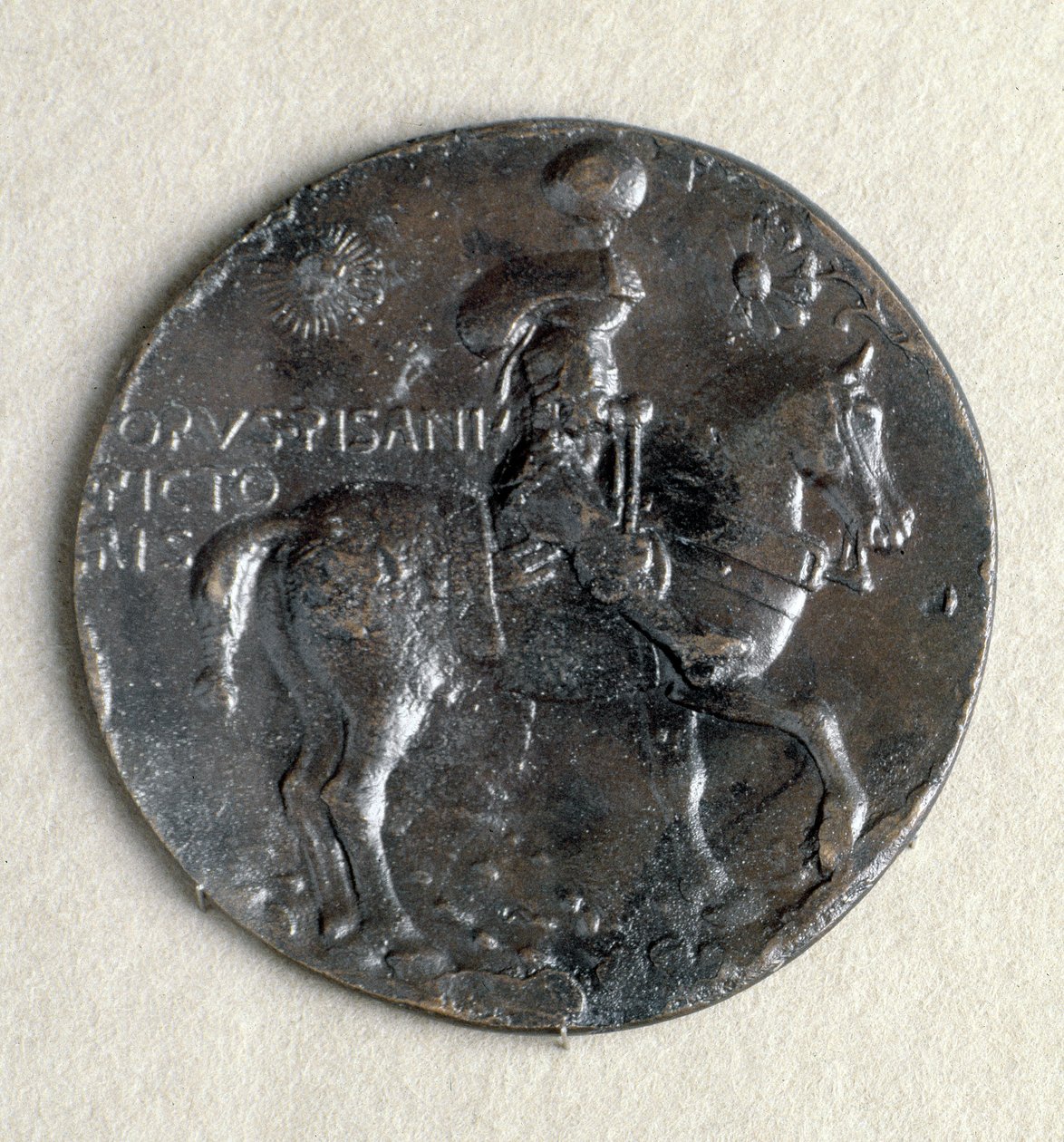 Medal of Ludovico III Gonzaga (1414-1478), Marquis of Mantua. Recto: The Marquis Armed on Horseback, Bronze, Black Patina by Antonio Pisanello
