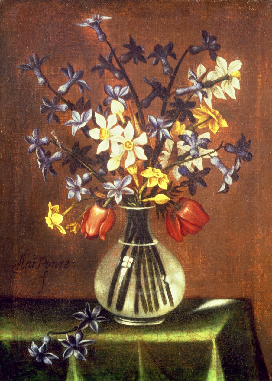 Still Life of Flowers including Hyacinth, Tulips and Pheasant Eye by Antonio Ponce