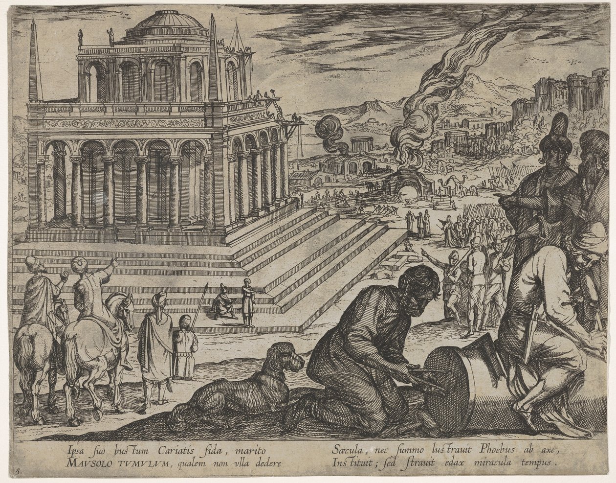 Plate 5: Tomb of Mausolus, stone masons make a column at the right, from "The Seven Wonders of the World" by Antonio Tempesta