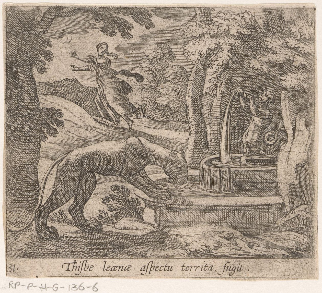 Thisbe Flees from the Lioness at the Spring (Metamorphoses of Ovid, series title) by Antonio Tempesta
