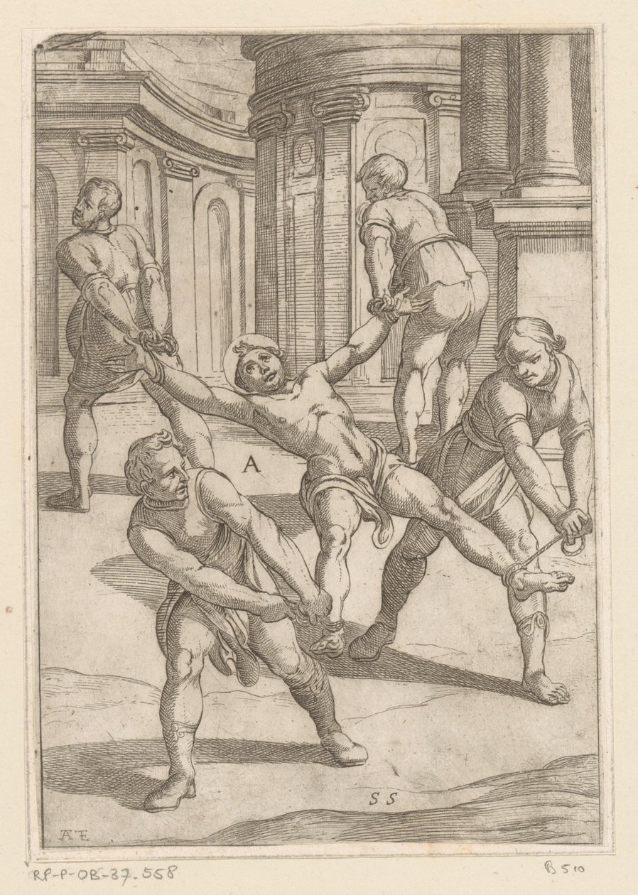 Four Men Pulling the Limbs of a Saint (Tortures Endured by Christian Martyrs series) by Antonio Tempesta