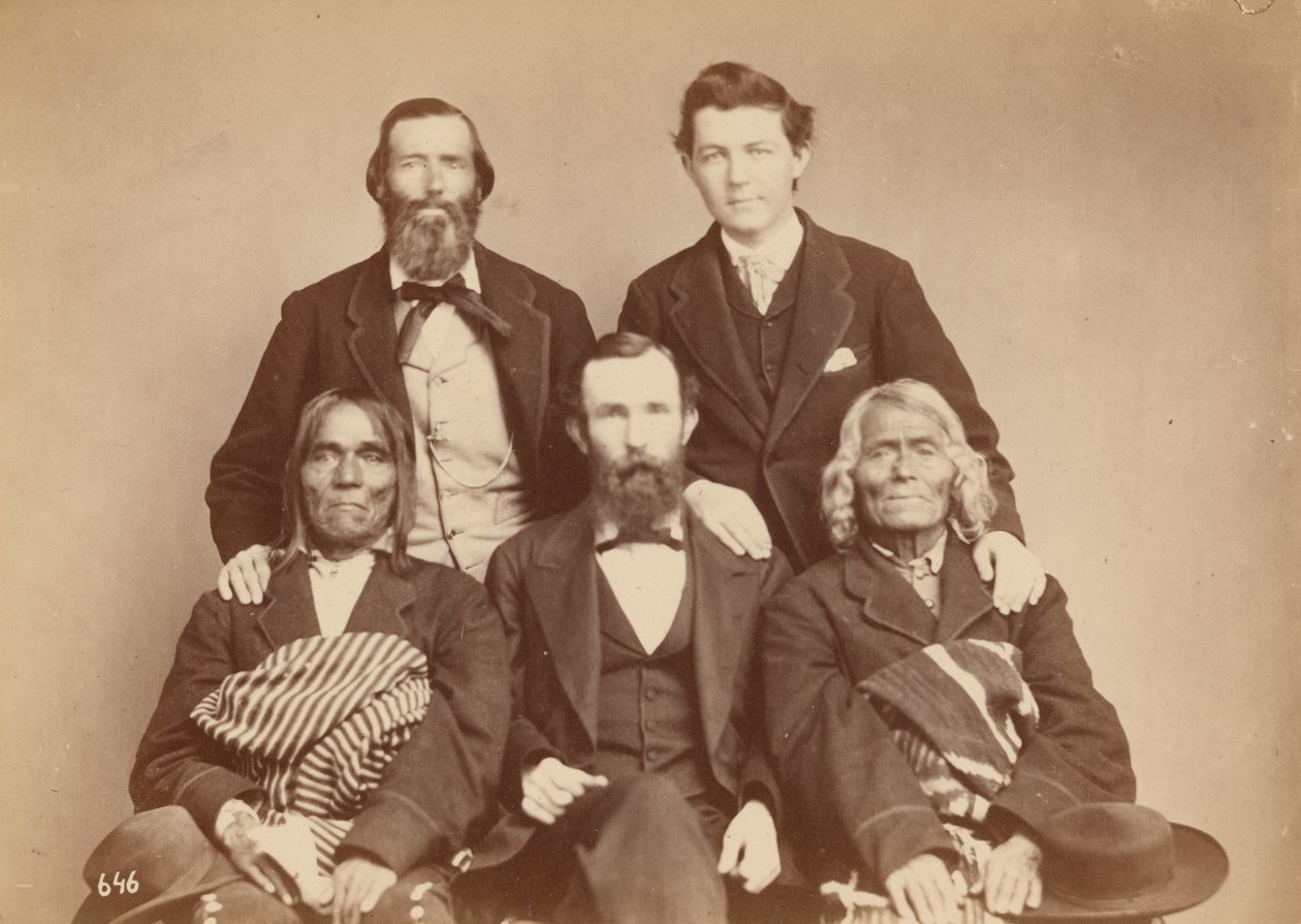 Alexander Gardner, William Henry Jackson, and Antonio Zeno Shindler with Pueblo delegates Alejandro Padilla, Governor of Isleta, and Ambrosio Abeita, Ex-Governor of Isleta, 1868 by Antonion Zeno Shindler