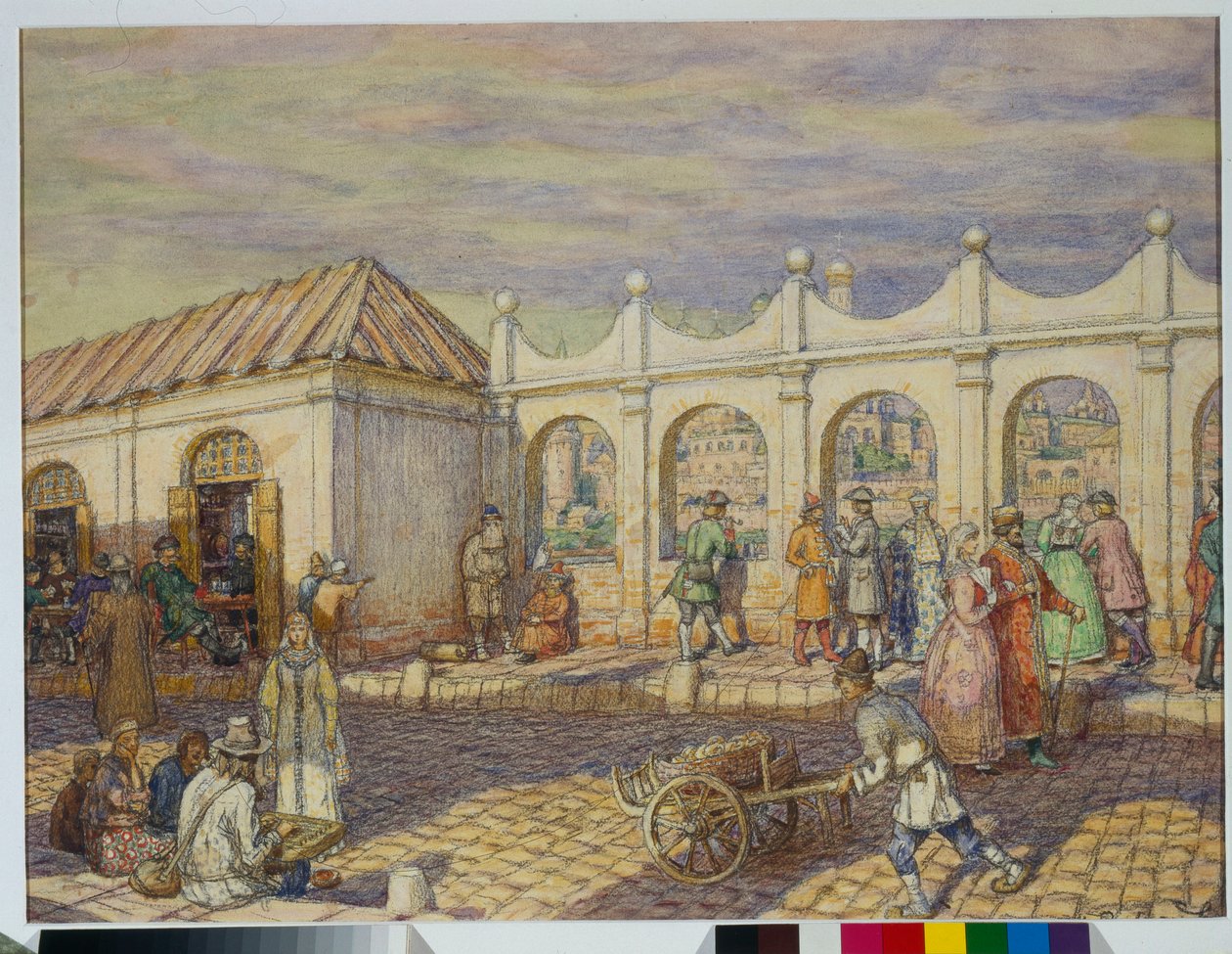 Street Scene on the Stone Bridge (All Saints Bridge) in Moscow During the Time of Peter the Great by Apollinari Mikhailovich Vasnetsov