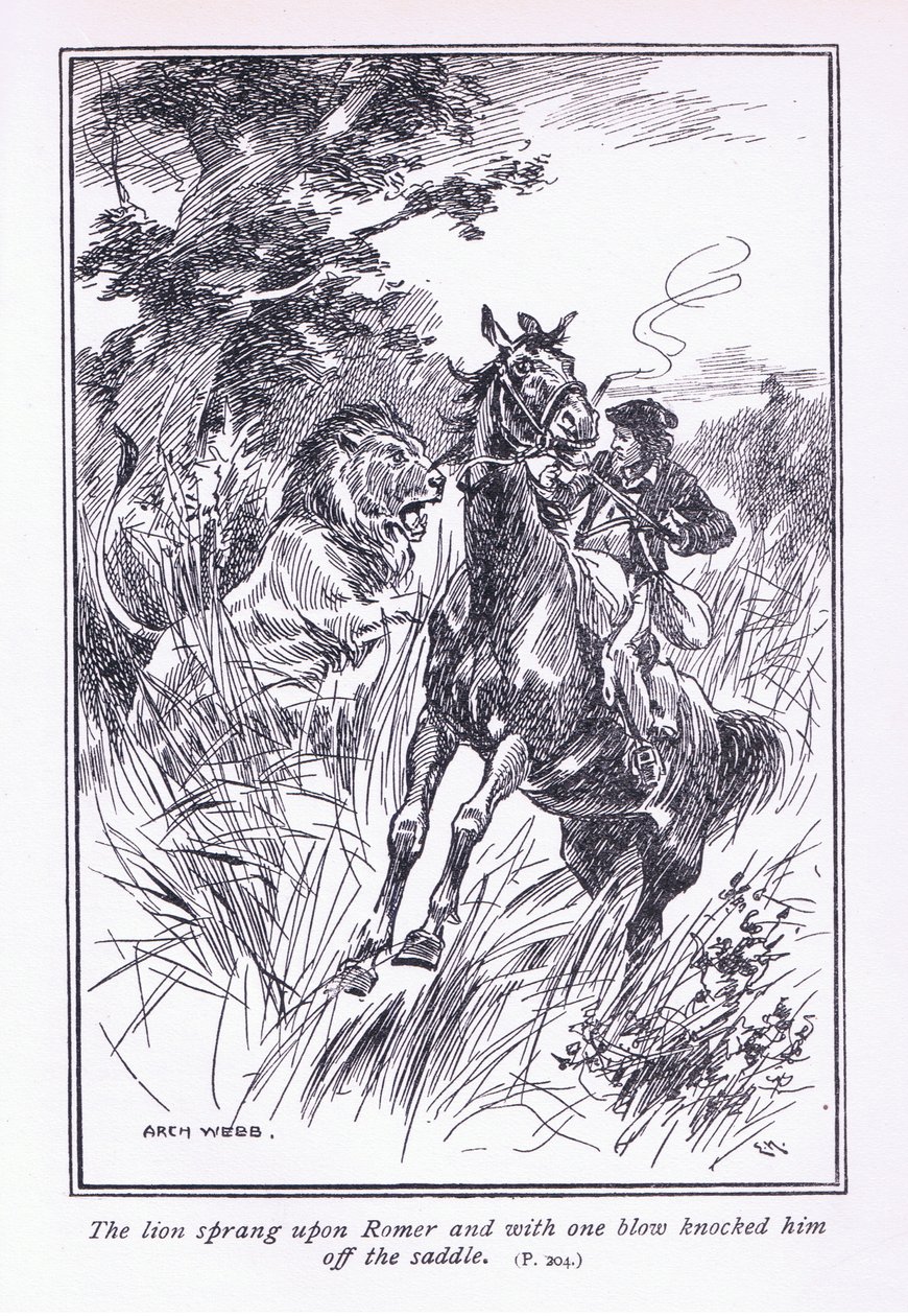 The Lion Sprang Upon Romer and with One Blow Knocked Him Off His Saddle by Archibald Webb