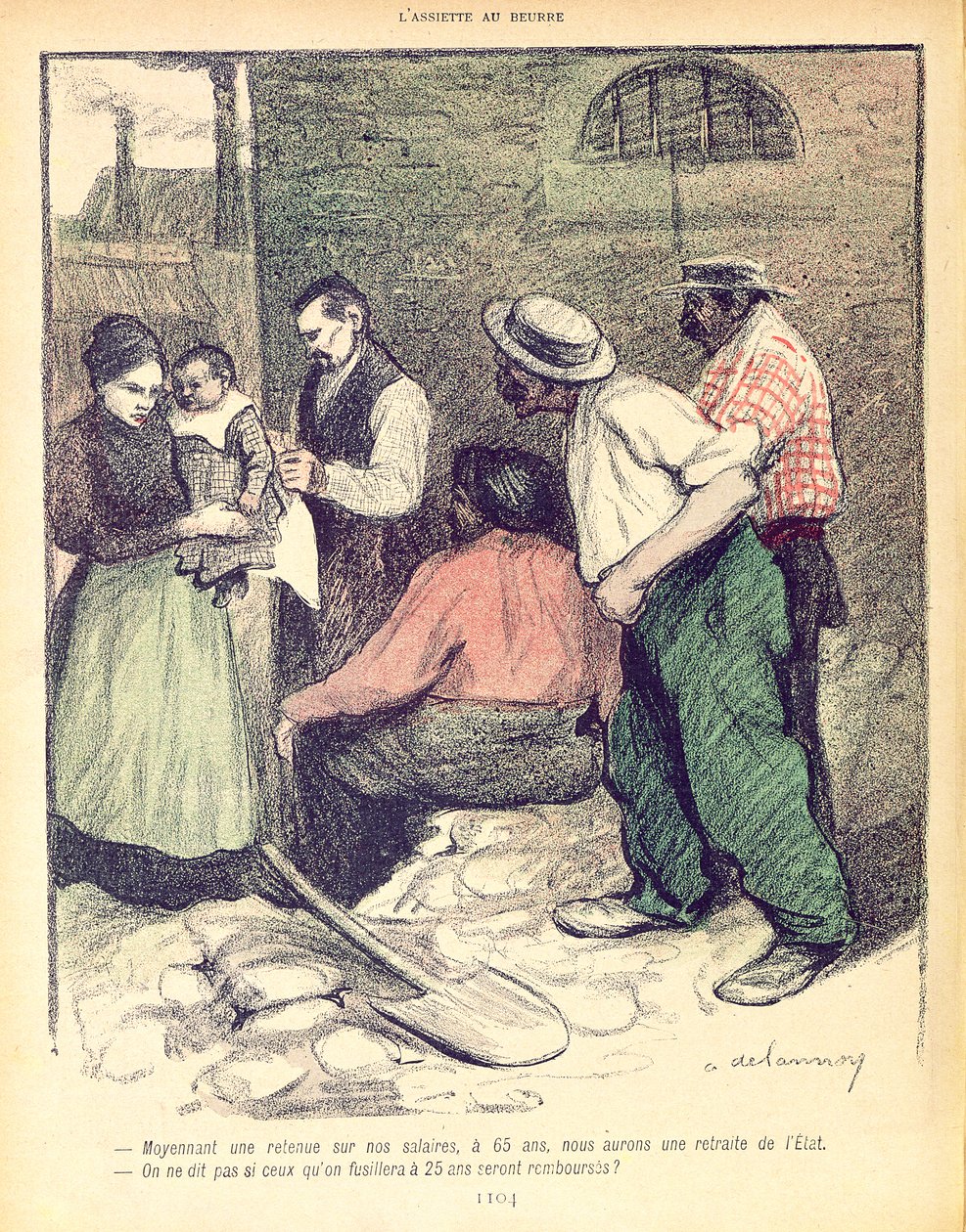 Group of Workers Discussing Retirement at the Age of 65 and Tax Deductions on Salary to Fund State Pensions, Cartoon from 