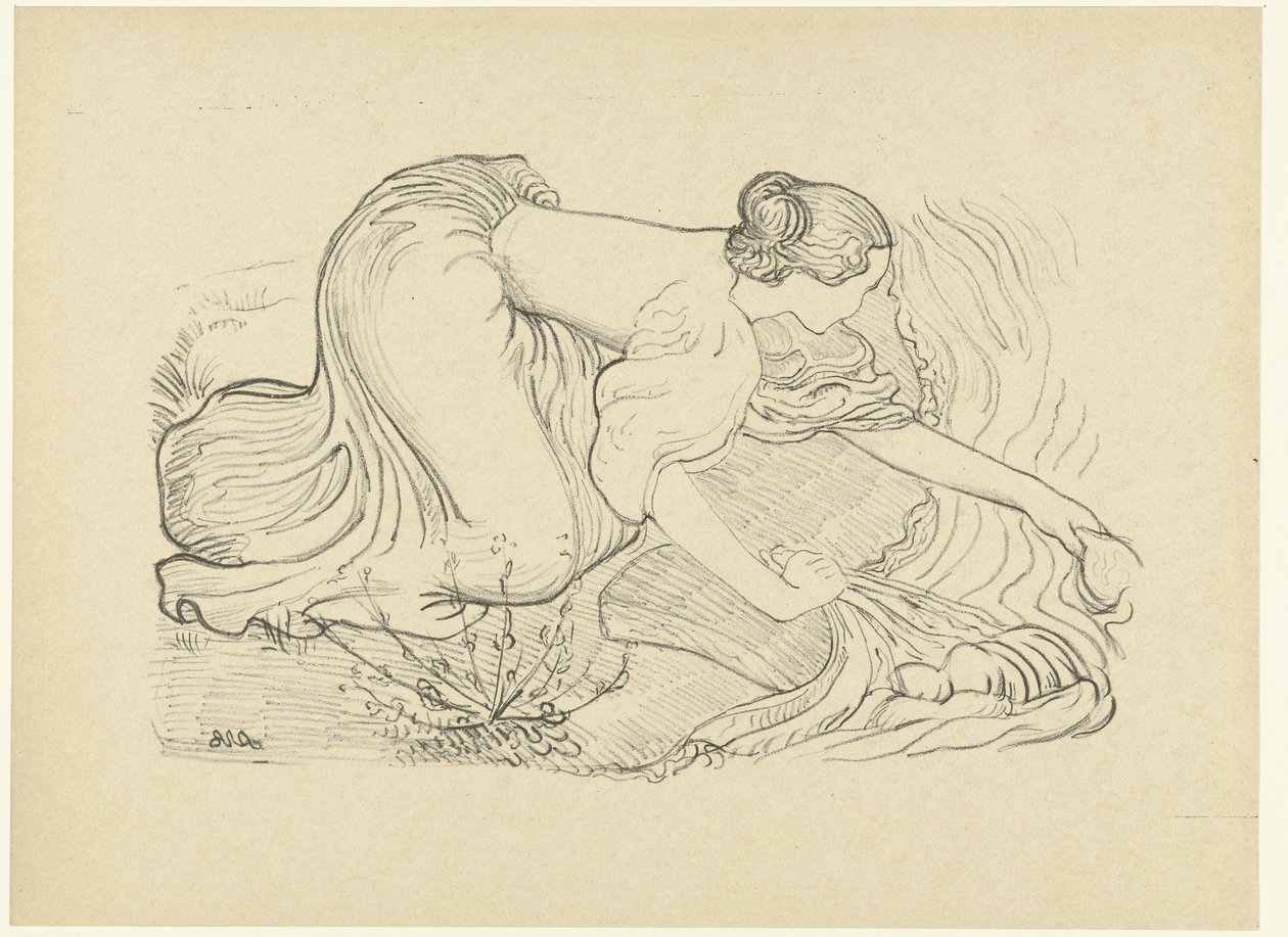 Washerwoman kneeling by the water