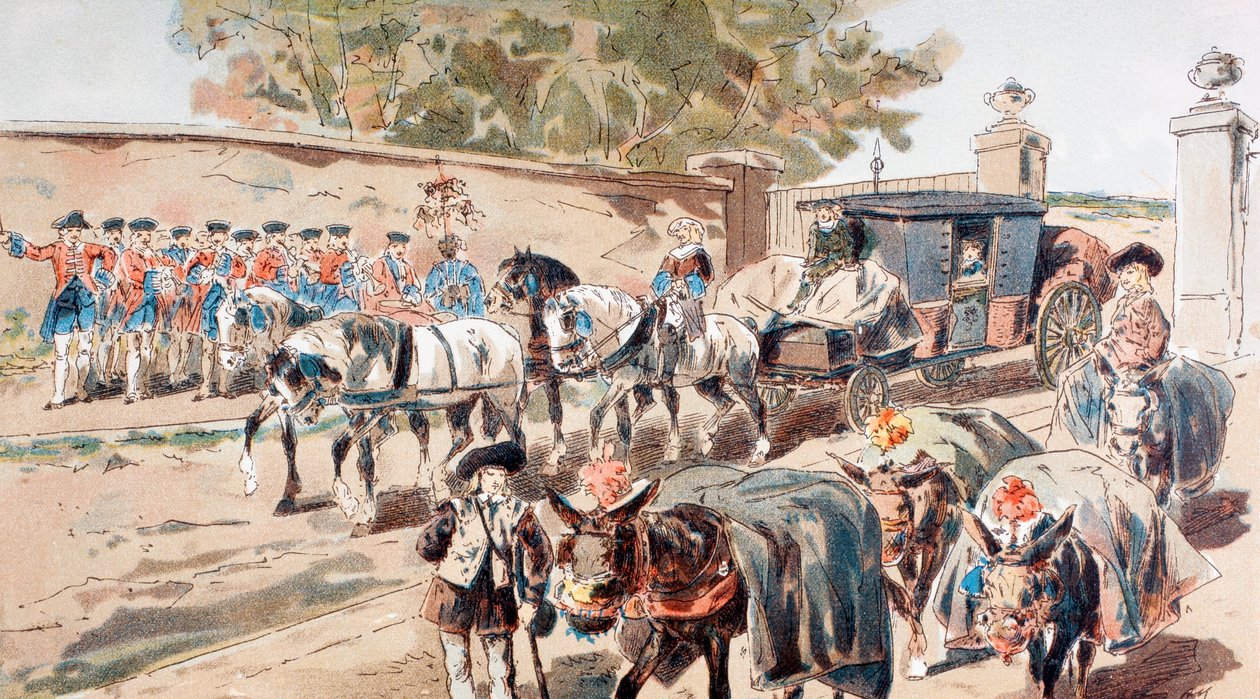 A Post-Chaise Entering a Walled Compound and Passing Between a Band and a Donkey Train by Armand Jean Heins