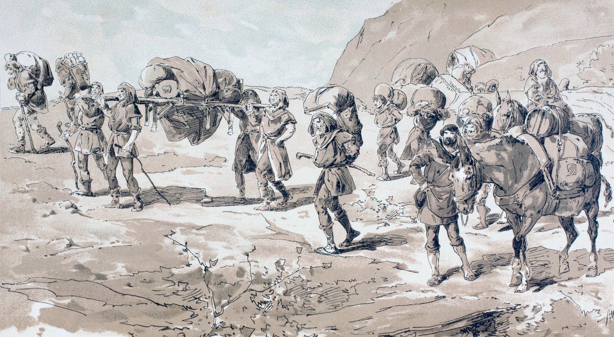 Porters carrying goods in baskets on their backs by Armand Jean Heins