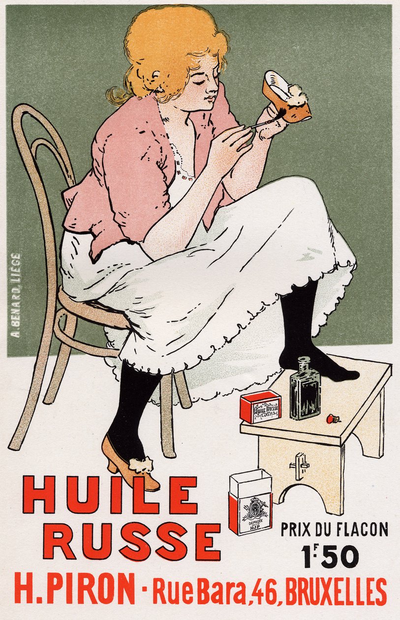Lifestyle. Fashion. Russian oil, shoes repair. Poster by Armand Rassenfosse, Belgium, c.1895 by Armand Rassenfosse