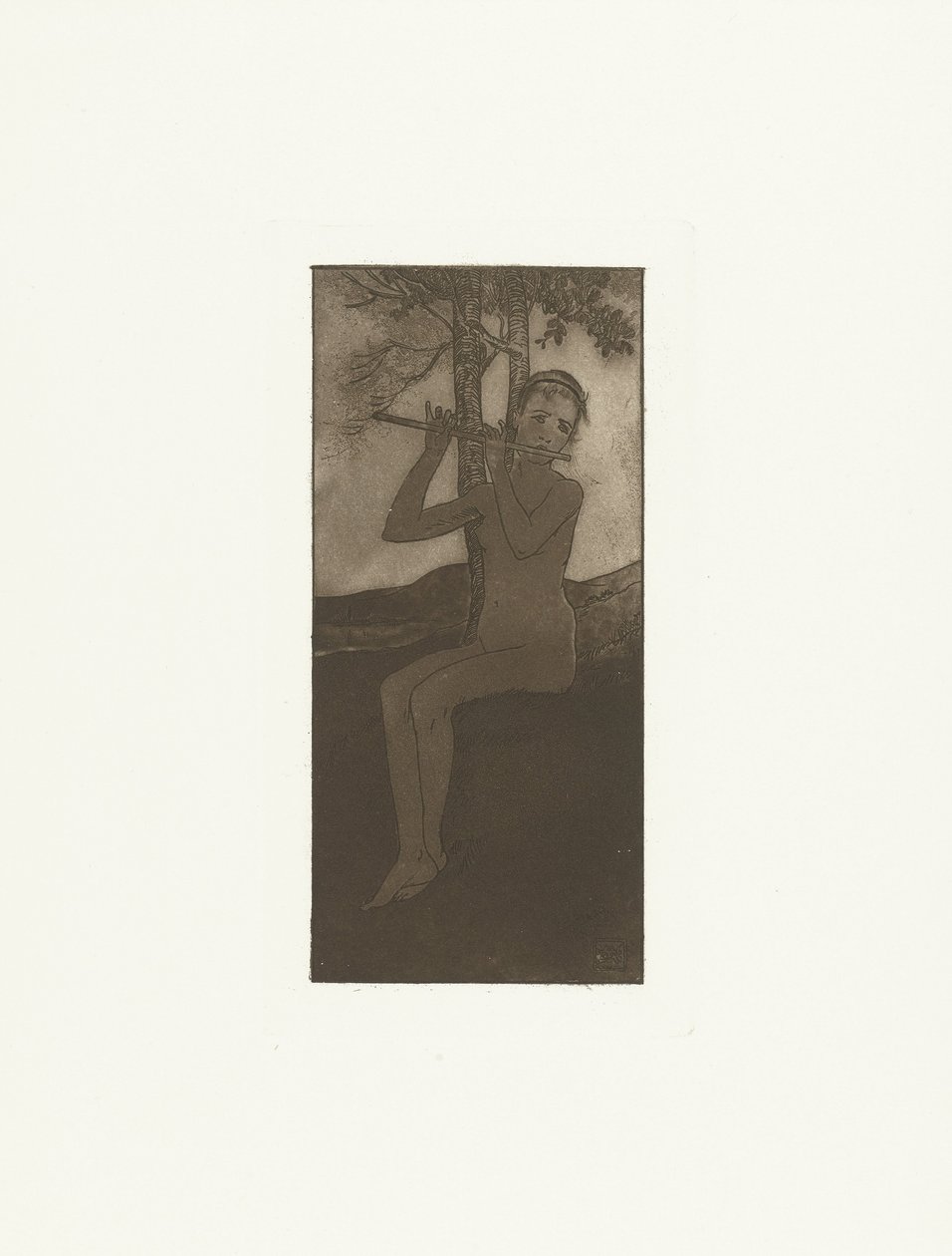 Naked Young Woman Playing Flute in Landscape (series title: The Song of the Cicada) by Armand Rassenfosse