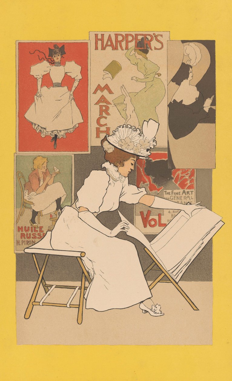 Seated Woman at a Stand Looking at Prints by Armand Rassenfosse