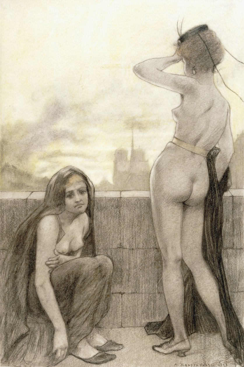 Two partially-clad women by a wall in a city by Armand Rassenfosse