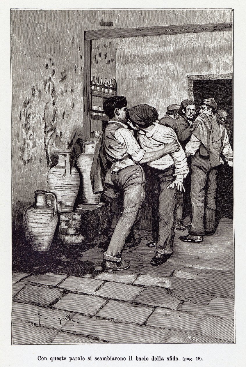 Invitation to the Sicilian duel by the mortal kiss, actually a bite in the ear. Illustration by Arnaldo Ferraguti for the new Cavalleria Rusticana by Giovanni Verga. 1897 by Arnaldo Ferraguti