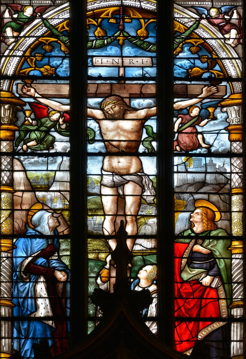 The Crucifixion, with the Virgin Mary, Saint John and Mary Magdalene at the Foot of the Cross - Stained Glass in the Chapel of the Holy Sacrament, by Arnaud de Moles (1470-1520) Completed in 1513 - Cathedrale Sainte Marie d