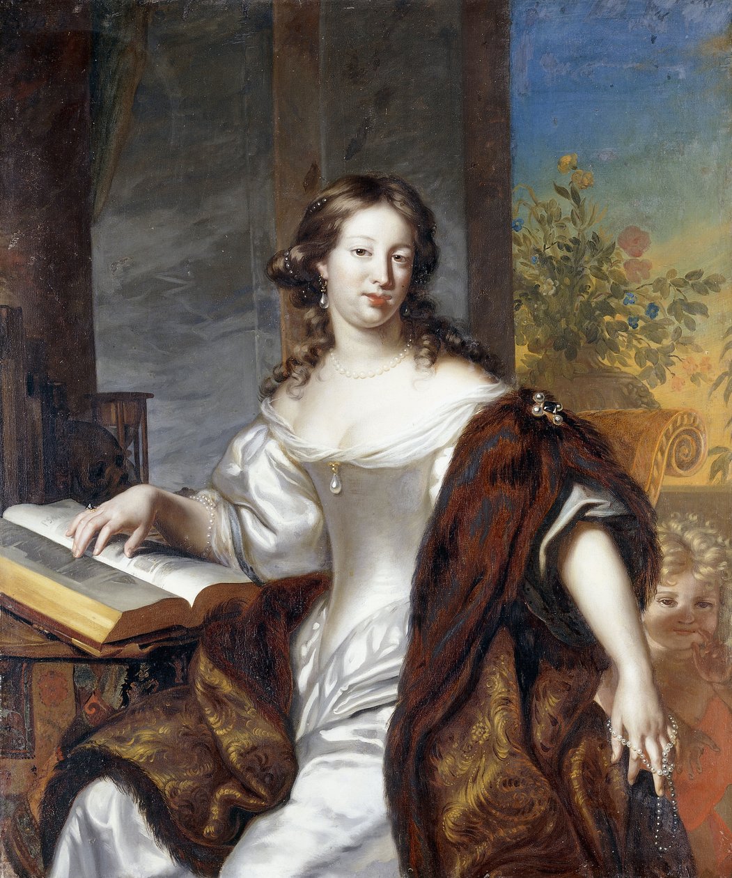 Portrait of a Lady, seated three-quarter length, in a white dress and fur-lined cape by Arnold Boonen