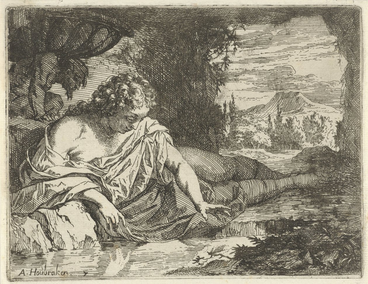 Narcissus (Scene of Emblems Opened for the Service of Painters, Sculptors, etc.) by Arnold Houbraken