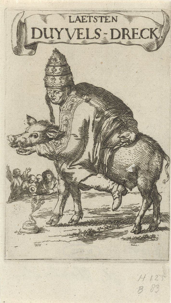 Pope on a Pig (Title Page for: J. Lydius, Laetsten Duyvels-Dreck, 1687) by Arnold Houbraken