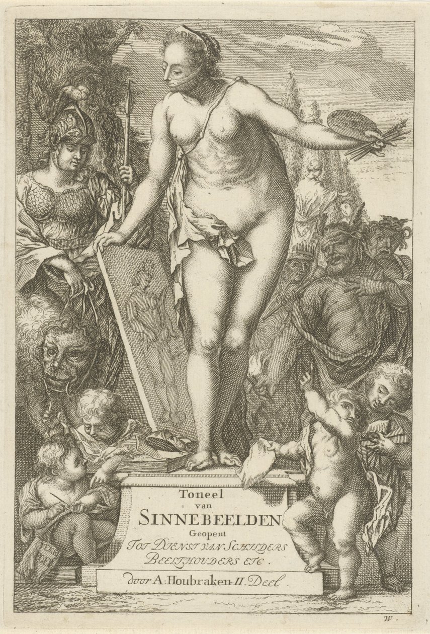 Personification of Painting on a Pedestal (Title Page of: Theatre of Emblems, Second Part) by Arnold Houbraken