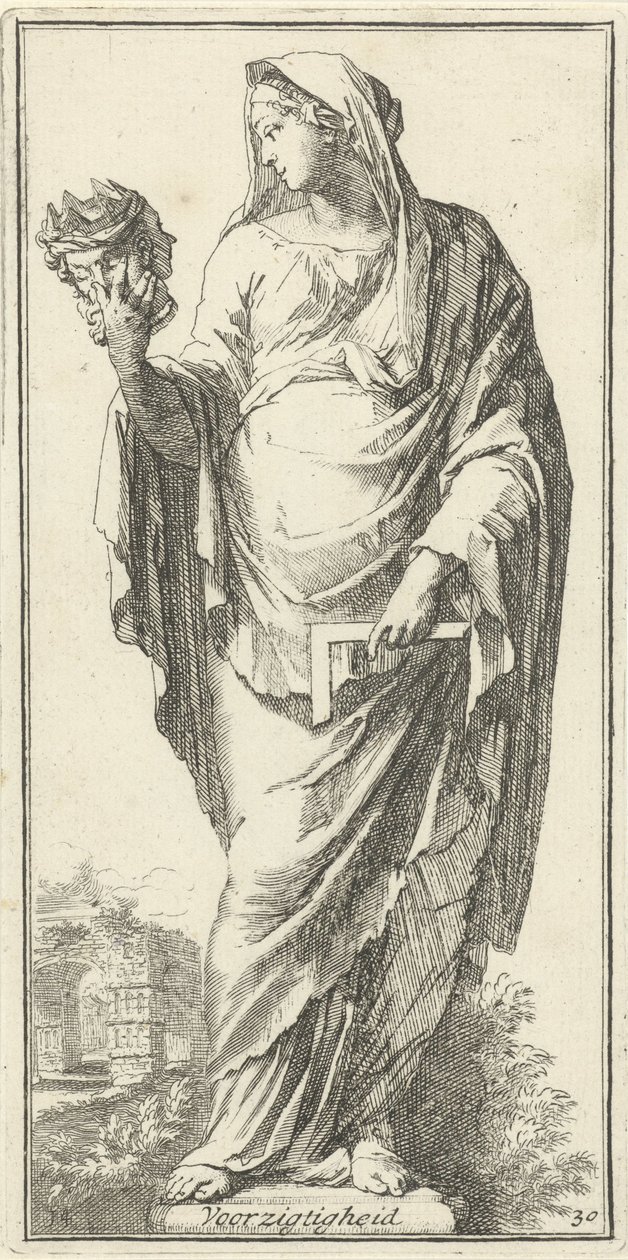 Personification of Prudence Prudence (title on object) Forty-One Pieces, Various Emblems (series title) by Arnold Houbraken