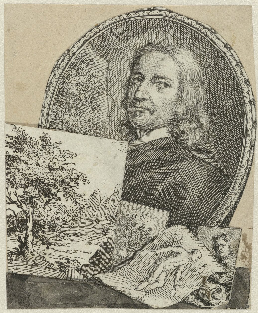 Portrait of Philippe de Champaigne in Collage by Arnold Houbraken