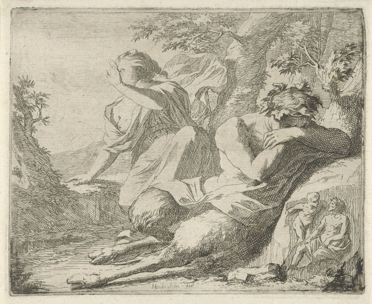 Satyr and Female Figure Covering Their Eyes Against Sunlight (series title: Scene of Emblems Opened for the Service of Painters, Sculptors, etc.) by Arnold Houbraken