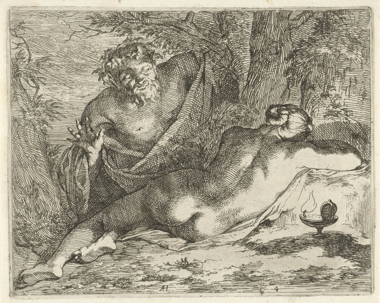 Sleeping Nymph Spied by a Satyr (Scene of Emblems series) by Arnold Houbraken