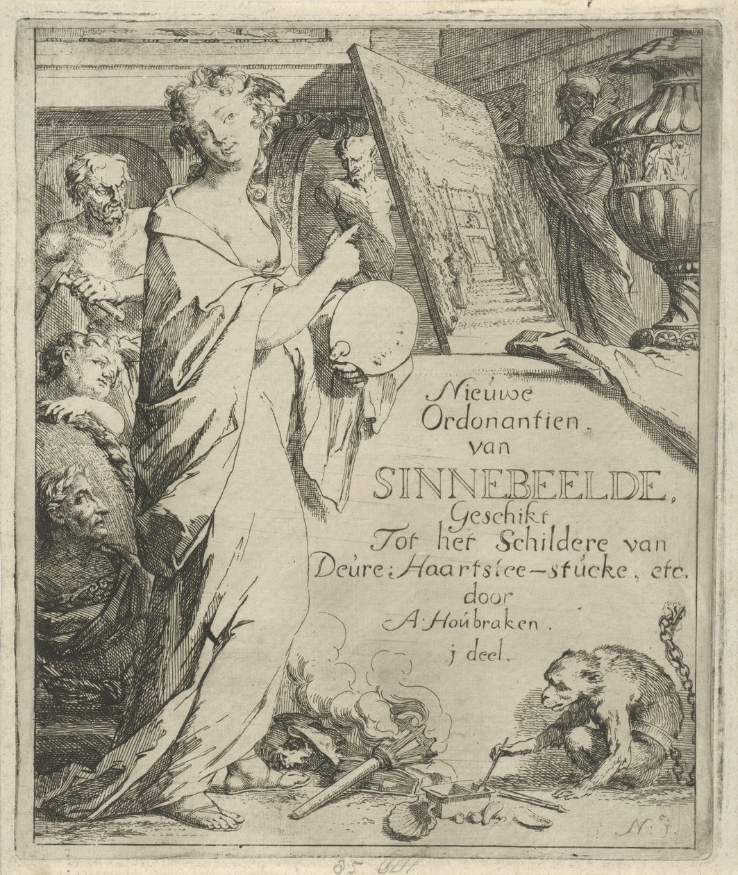 Female Figure with Palette Pointing at a Painting (Title Print of: Toneel van Sinnebeelden, Third Part, Nieuwe Ordonantien van Sinnebeelde, Suitable for Painting Door Heartslee Pieces, etc.) by Arnold Houbraken