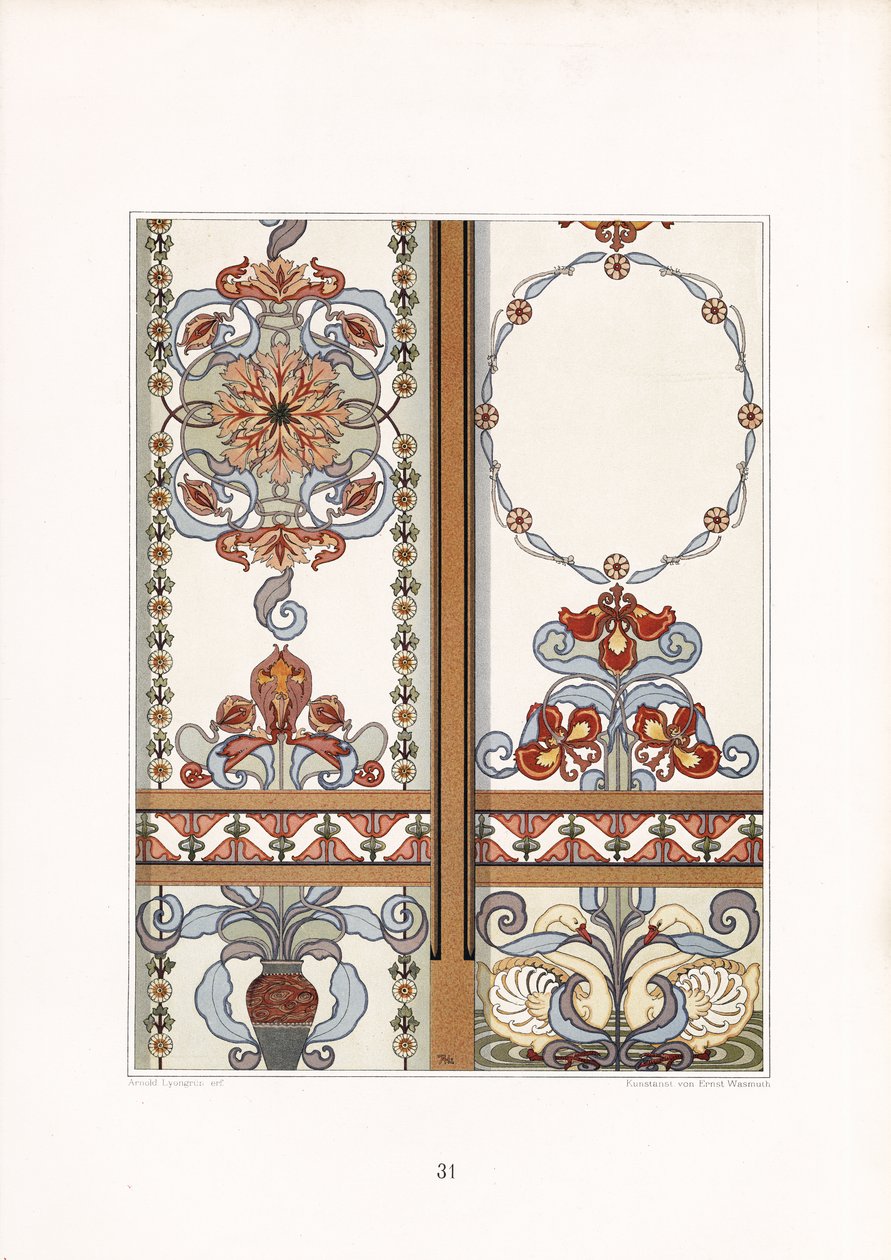 Art Nouveau Panels with Iris and Floral Ornaments by Arnold Lyongrün