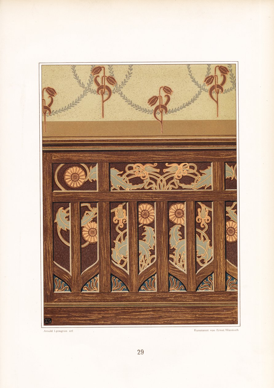 Art Nouveau Wood Paneling with Floral Inlays by Arnold Lyongrün