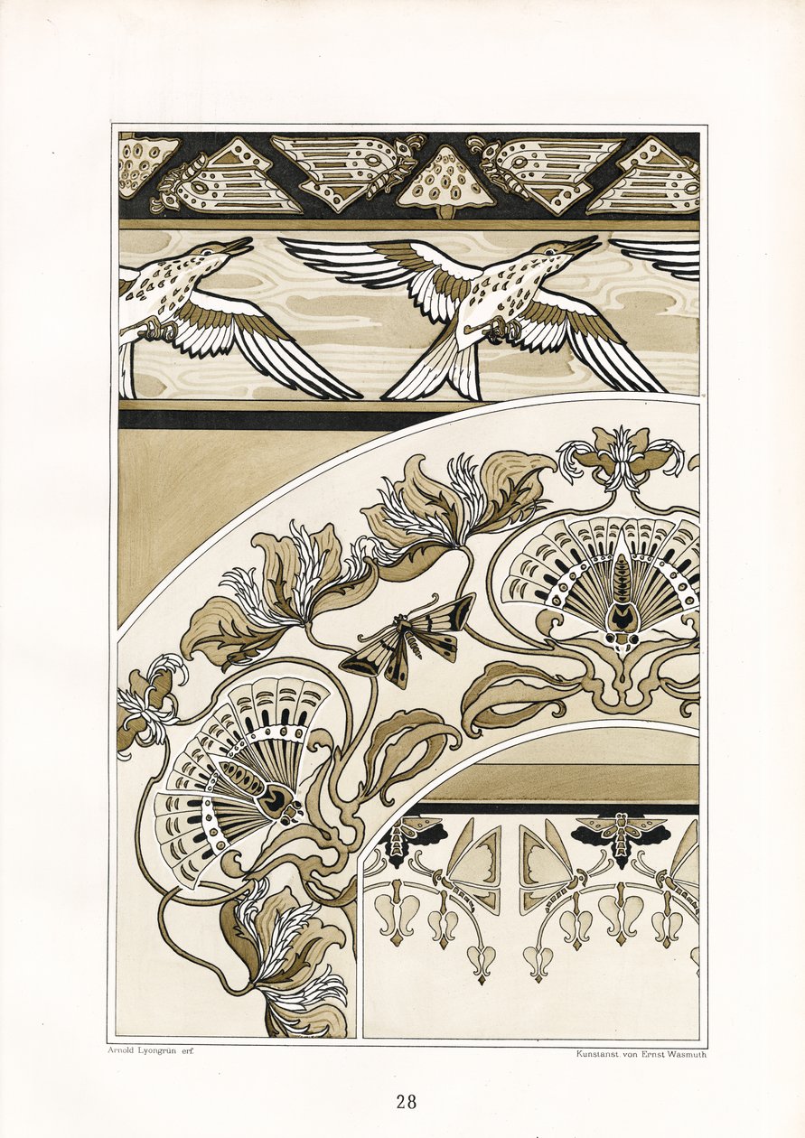 Decorative Art Nouveau Ornaments with Birds and Fan Motifs by Arnold Lyongrün