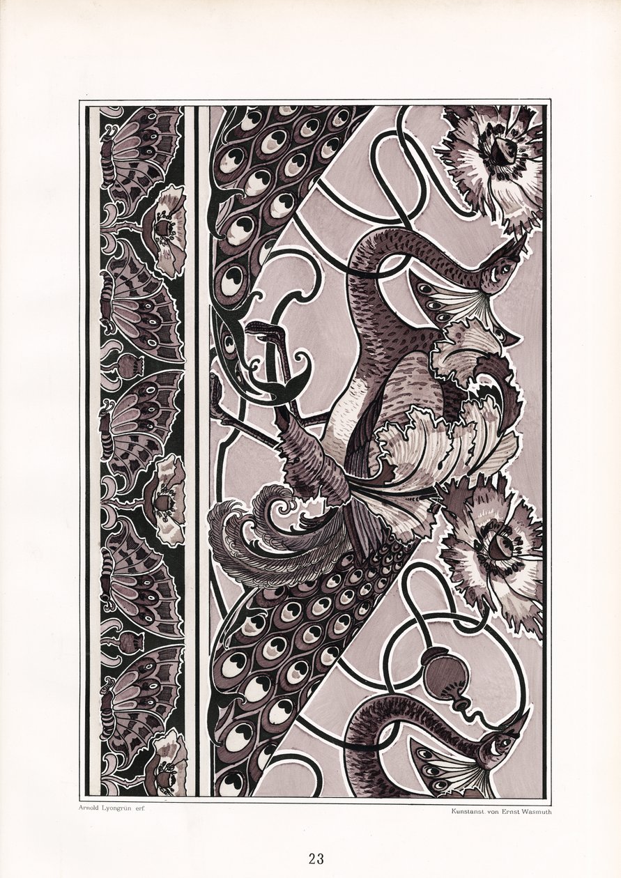 Ornamental Borders with Peacocks and Carnations in Monochrome by Arnold Lyongrün
