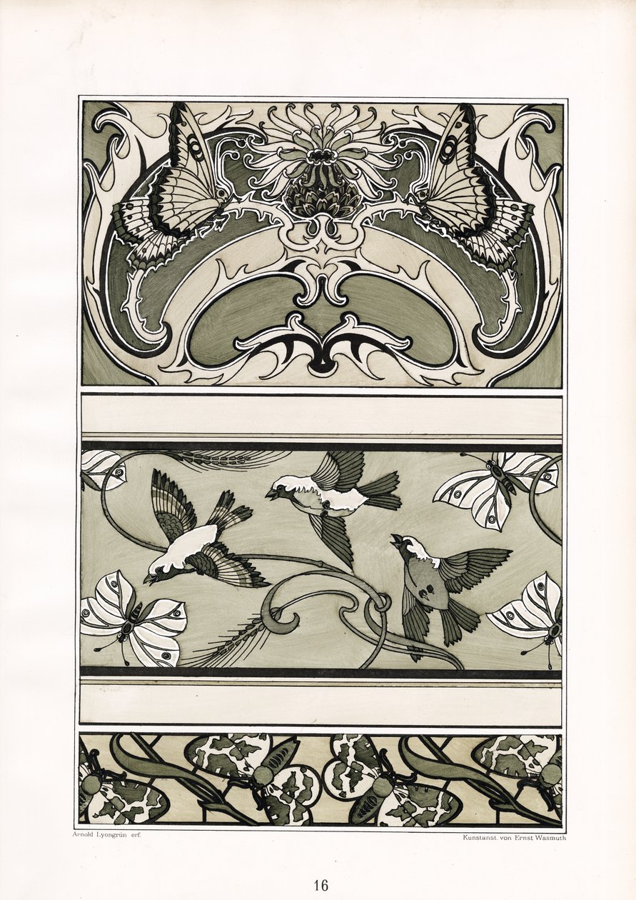 Ornamental Friezes with Birds, Butterflies and Floral Motifs by Arnold Lyongrün