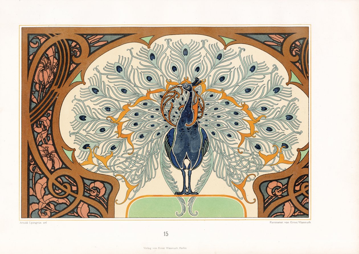 Peacock in Ornamental Framing with Art Nouveau Decoration by Arnold Lyongrün