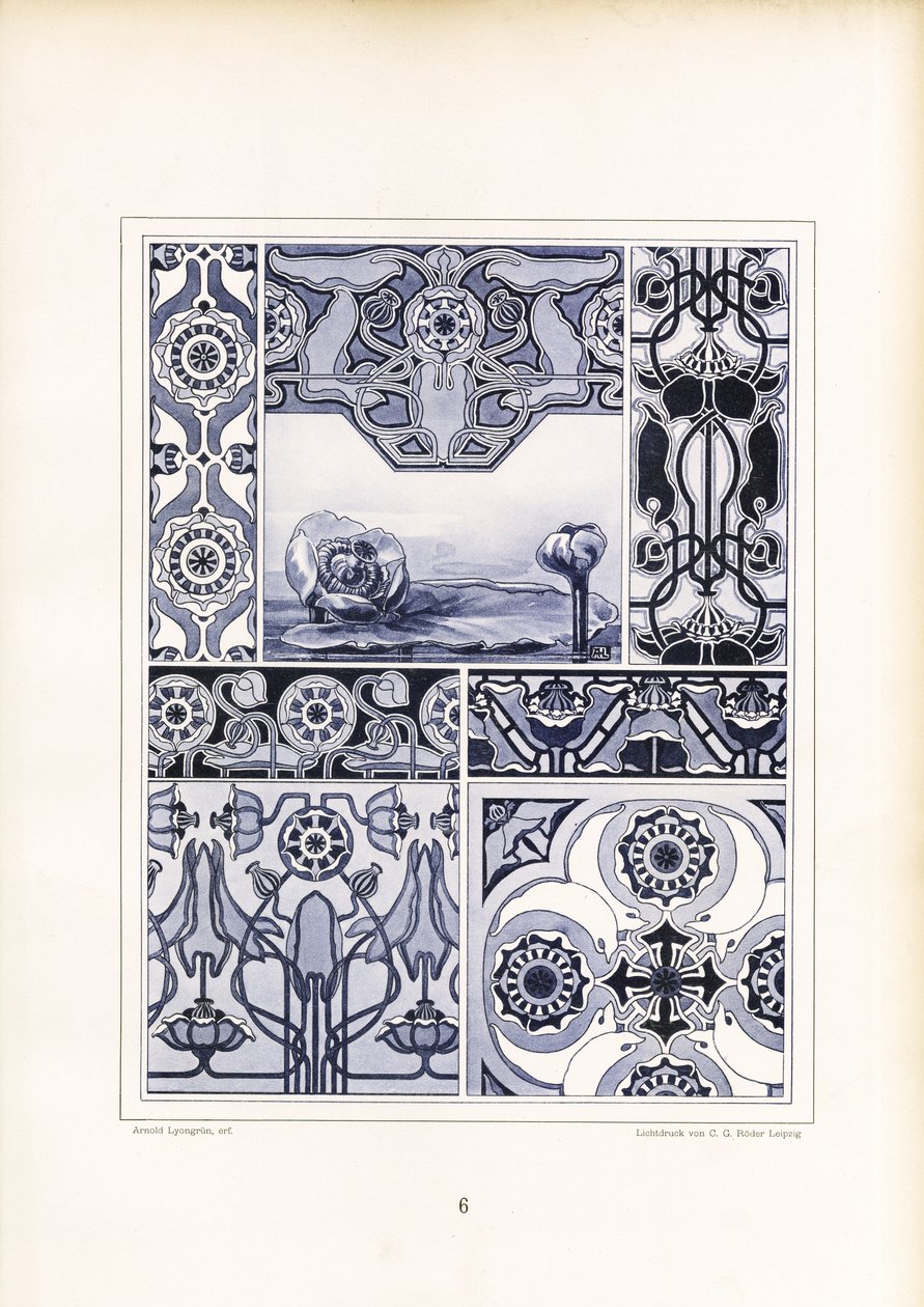 Poppy Motifs and Geometric Ornaments in Blue Tones by Arnold Lyongrün
