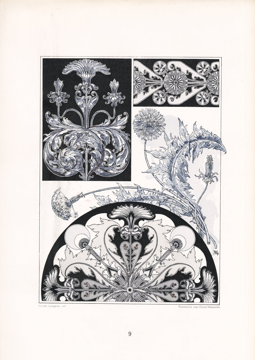 Stylized Thistle Ornaments in Black and White by Arnold Lyongrün