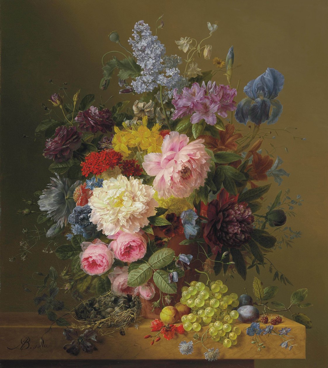 Lilacs, Peonies, Tulips, Roses, Irises and other Flowers with Fruit and a Bird