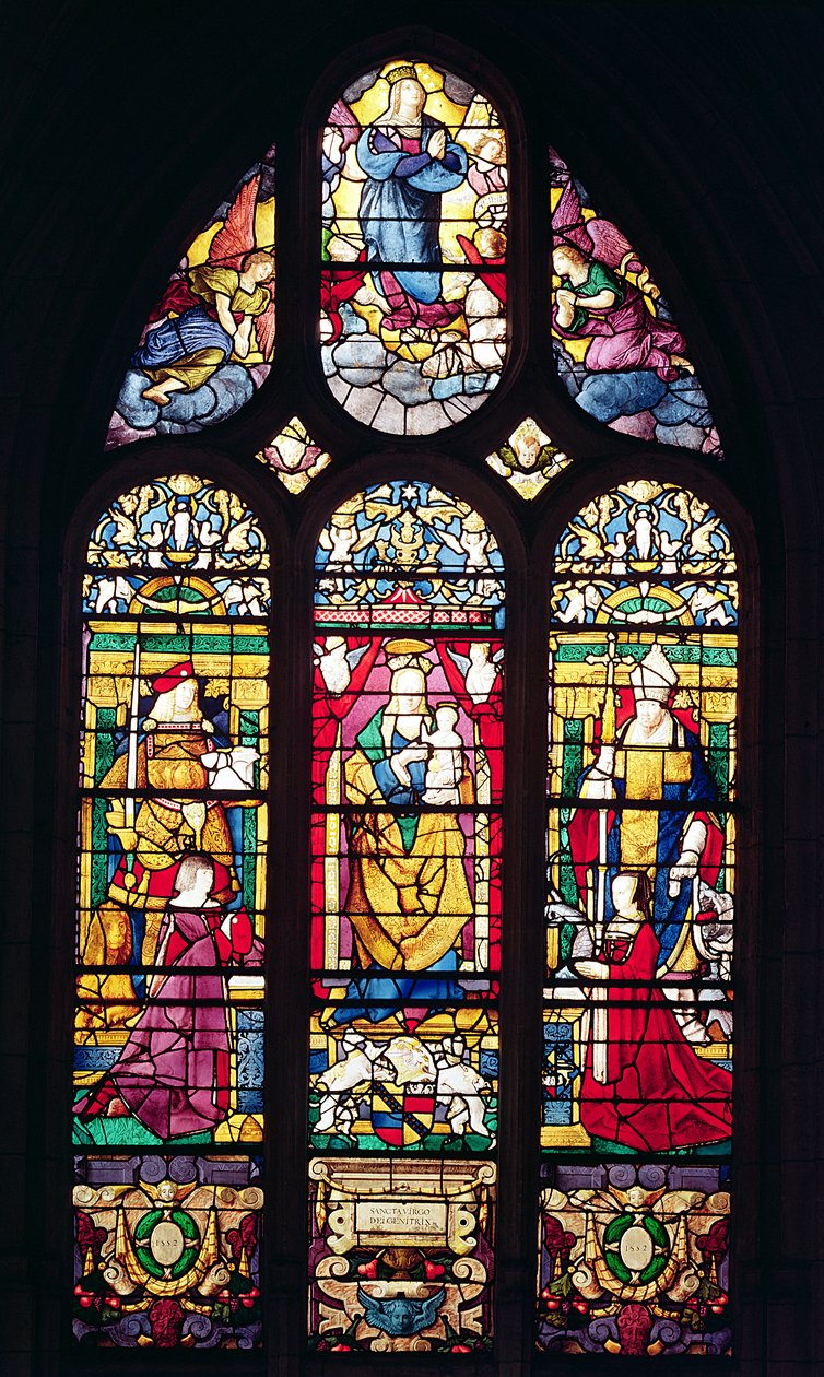 Window depicting the Virgin and Child surrounded by St. Adrian, St. Romain and the donors, 1510 by Arnoult de Nimegue