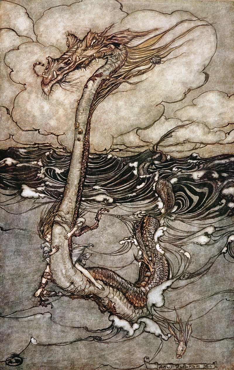 A Young Girl Riding a Sea Serpent, 1904 by Arthur Rackham
