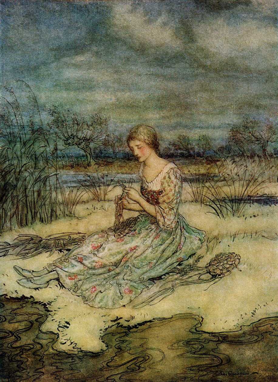 She sat down and plaited herself an overall of rushes and cap to match, from English Fairy Tales Retold by F.A. Steel, 1927 by Arthur Rackham
