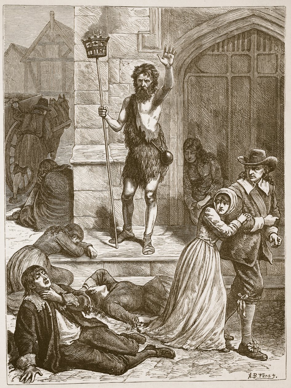 The Maniac pronouncing the doom of London during the Great Plague, illustration from 