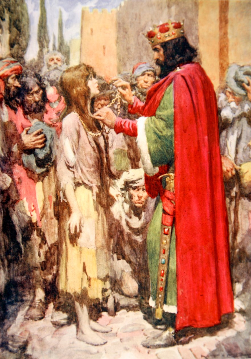 For a moment they stood looking at each other- the barefoot beggar girl in her rags and the King in his jewelled crown, King Cophetua and the Beggar Maid by Arthur C. (after) Michael