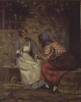 Scandal, Two Girls Gossiping outside a Cottage by Arthur Claude Cooke