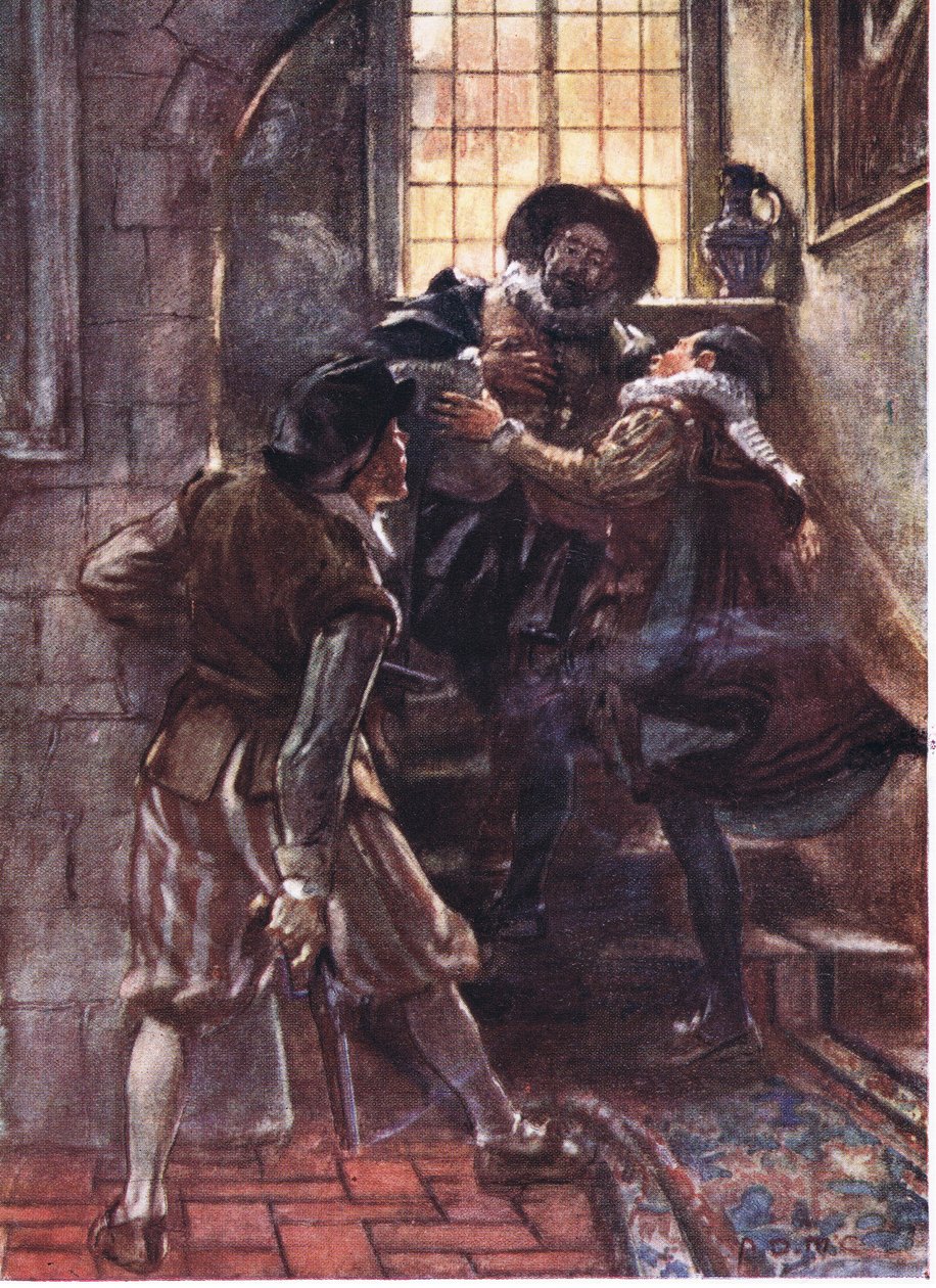As he fell, the Prince cried out, O my God have mercy upon my soul, illustration from Romance of History: The Netherlands, 1920s by Arthur David McCormick